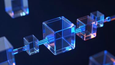 Sleek 3D render of abstract glass data structures, illuminated by deep blue and neon accents, dark background, cinematic lighting, octane render