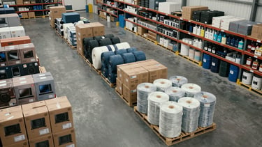 Wide overhead shot of an organized logistics warehouse floor, multiple product categories visible in labeled zones — electronics boxes, rolled textile bolts, raw material drums — under bright practical overhead lighting, no people, clean operational environment