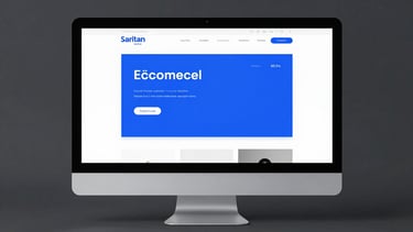 Straight-on clean mockup of a modern minimalist e-commerce website on a large desktop monitor, charcoal background, electric blue accents, soft studio shadows.
