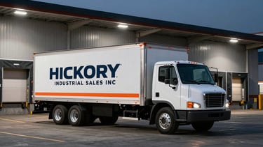 Wide panoramic shot of a HICKORY INDUSTRIAL SALES INC delivery truck (white, industrial, with orange accents) parked at a warehouse loading dock at dusk, high-contrast industrial lighting, 35mm.