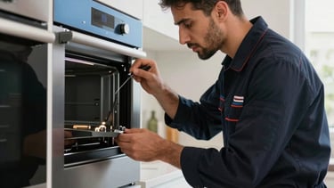 A detailed professional photograph of a skilled technician in a dark navy uniform fixing a modern built-in appliance in a clean, contemporary Middle Eastern / Gulf residential kitchen. The lighting is bright and professional, suggesting expertise and reliability. The color palette includes dark navy, light blue, and off-white.