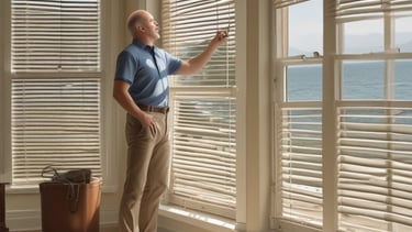 Ocean view through a cafe window with tables.