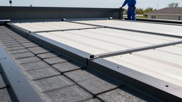 A professional, modern photography shot of a newly installed commercial flat roof system in North American / US - New Jersey. The scene features clean lines, dark gray and off-white roofing materials, and a bright blue sky. A professional roofing contractor in a deep blue uniform is visible in the background inspecting the work. High-converting, industrial style.