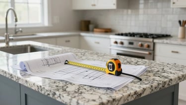 Professional photography of a high-end residential kitchen renovation in a North American / Hispanic home. A modern granite countertop features architectural blueprints and a measuring tape. Bright natural light, soft steel blue accents, clean lines, and a professional construction atmosphere.
