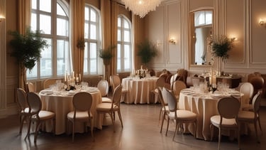 A stylishly staged professional office space with warm lighting.