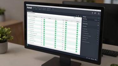 Wide-angle close-up of a real-time hotel inventory dashboard on a large monitor, showing group booking allocation tables with green status indicators and live occupancy data, studio lighting, dark UI on a clean desk surface, sharp screen detail