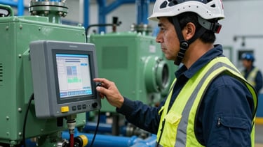 A high-resolution photograph of a professional South American / Mexican technician wearing a modern safety vest and helmet, monitoring a digital control system in a water treatment plant. The background features Maya blue pipes and apple green machinery reflecting cobalt blue ambient lighting. Sharp focus, cinematic industrial atmosphere.
