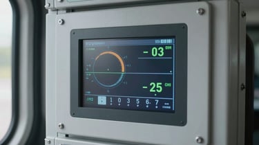 Close-up of a digital display panel showing climate control telemetry inside a secure transport vehicle, with data readouts for temperature and humidity, crisp industrial photography.