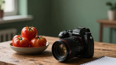 A professional photography scene in a North American / European minimalist studio. On a rustic wooden table, a high-end digital camera sits next to a bowl of deep ripe crimson heirloom tomatoes and a planner. Natural soft window lighting creates a sophisticated yet approachable atmosphere with matte forest green wall accents.