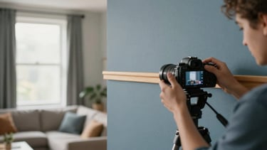 Warm editorial photography, soft natural window light, a camera on a tripod framing a modern apartment living room, hands carefully applying wooden moulding to a slate blue wall, shallow depth of field, 35mm.