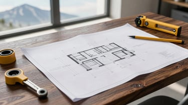 A clean, modern professional workspace with architectural blueprints laid out on a dark oak table, high-quality tools resting nearby, bright daylight pouring through a window.