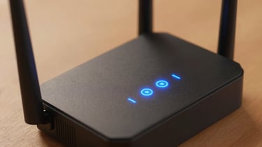 Macro shot of a high-end modern home router with glowing cool blue indicators and sleek matte black finish, clean geometric lines, soft warm orange light in the background