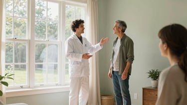 Wide-angle lifestyle photography of a clean, bright, and healthy North American living room with large windows letting in natural sunlight. A professional environmental expert in a crisp white uniform stands near a happy homeowner, gesturing towards a perfectly clean corner of the room. The atmosphere is warm and reassuring with soft green and light beige interior accents.
