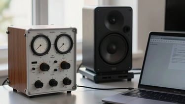 A professional Southern European / Spanish acoustic engineer's workspace in Málaga, showing high-end sound measurement equipment and a technical laptop on a minimalist ash-grey desk. Soft, natural daylight from a large window reflects off white bone surfaces, creating a clean, authoritative atmosphere. No graphics or text visible.