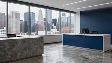 High-end North American marketing agency interior with polished concrete floors and large windows overlooking a city skyline. Sharp, clean lighting with slate gray and navy blue accents.