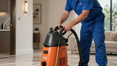 Professional photography of a restoration technician in a branded steel blue uniform operating a large orange industrial water extractor in a luxury Miami home. The lighting is crisp and modern, focusing on the efficient removal of water from a flooded floor. North American / US (Miami, Florida) setting.