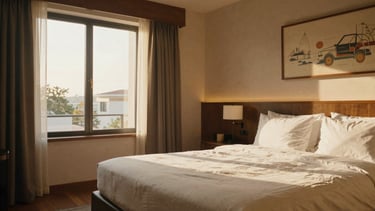 Interior of a boutique hotel room, warm and inviting, natural light from a large window, comfortable bed with crisp linens, subtle local art, 35mm film aesthetic, first-person perspective