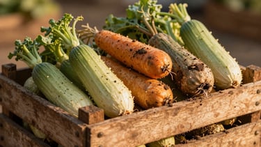 A rustic wooden crate overflowing with seasonal Indian vegetables, freshly harvested with soil dust, golden hour light.