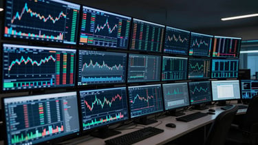 Wide shot of a professional trading operations center, multiple large monitors displaying live on-chain transaction graphs and price charts, cool blue and cyan ambient screen glow in a dark room, data walls with flowing numerical feeds, high contrast between lit screens and dark surroundings, no people visible, extreme depth of field emphasizing data density