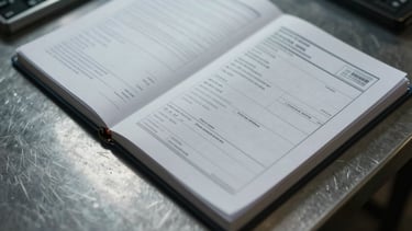 Extreme close-up overhead view of an open customs dossier on a steel work table — bill of lading, routing labels, and an official stamp visible under tight tungsten task lighting, sharp document textures, cool steel surface edge visible at frame corner, no hands, no people