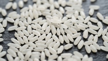 Crisp macro shot of raw Sona Masoori rice grains laid out on a clean, dark slate surface, bright neutral daylight, high-end commercial photography