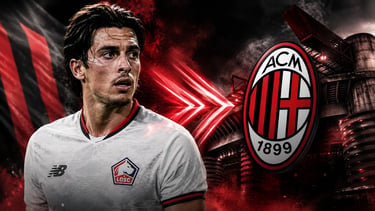 Tiago Santos in a Lille jersey next to the AC Milan logo and San Siro stadium for transfer rumors.