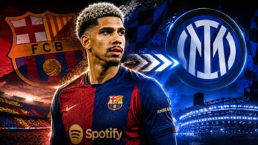 Ronald Araujo in a FC Barcelona kit positioned between the Barca crest and Inter Milan logo.