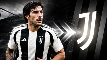 Professional soccer player Sandro Tonali in a black and white Juventus FC jersey with team logo background.