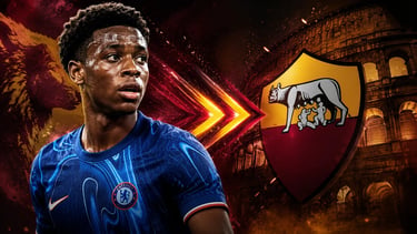 Chelsea player Callum Hudson-Odoi in a transfer graphic with the AS Roma logo and Colosseum.
