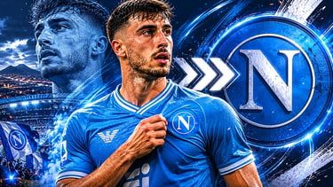 SSC Napoli player Mario Gila in the blue home kit with the club crest and stadium background.