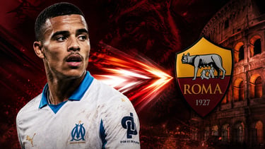 Footballer Mason Greenwood in Marseille kit next to AS Roma logo and Colosseum background.