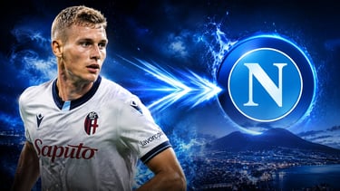 Bologna FC player Jesper Karlsson pictured next to the SSC Napoli logo for a transfer rumor.