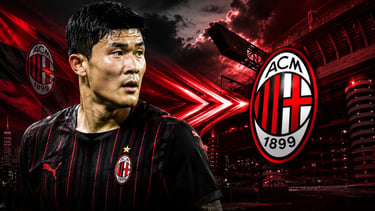 Kim Min-jae in AC Milan jersey with club logo and San Siro stadium background.