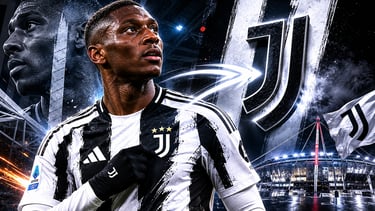 Juventus player in a black and white striped jersey stands before the stadium and team logo.