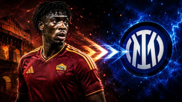 AS Roma player in red kit next to Inter Milan logo for a Serie A football match graphic.