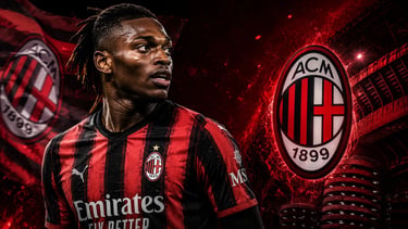 AC Milan forward Rafael Leão in a red and black jersey next to the club logo and San Siro stadium.