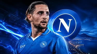 Professional footballer wearing an SSC Napoli jersey in front of the club logo and Naples city skyline.