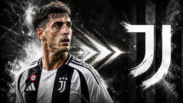 Juventus soccer player in a black and white jersey with the team logo on a stylized smoke background.