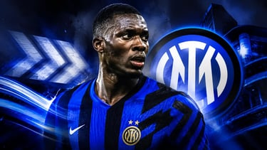 Marcus Thuram wearing the Inter Milan jersey with a blue graphic background and club logo.