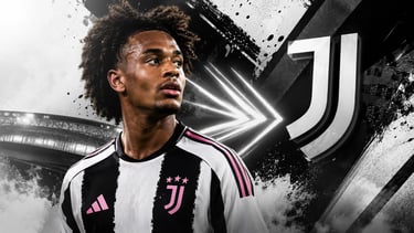 Juventus midfielder Weston McKennie in the black and white home jersey against a graphic stadium background.