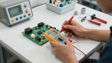 Wide panoramic workshop bench under bright even lighting, technician hands holding a multimeter probe against washing machine control board components, diagnostic readout visible, tools and genuine OEM parts arranged in the right third of the frame