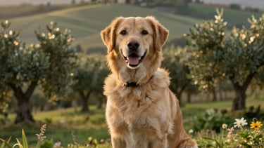 Professional photography of a happy, well-groomed dog sitting calmly in a lush garden in Fiesole, Italy. The background features rolling Tuscan hills and olive trees in sage green under a warm, golden sunset light. The composition is elegant and evokes a sense of trustworthy and compassionate pet care.