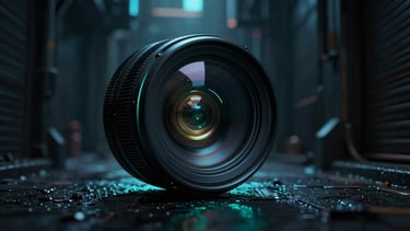 Cinematic video still of a dark futuristic alleyway, neon-cyan rim lighting, dramatic high-contrast chiaroscuro, ultra-detailed macro lens