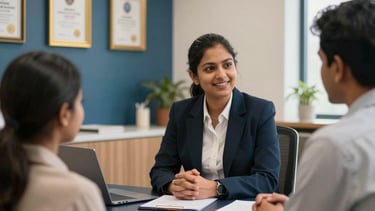 High-resolution professional photograph of a bright, modern consultation room in an Indian university hub. A South Asian / Indian counselor in professional attire is speaking with a student and their parent across a dark navy desk. The atmosphere is optimistic and authoritative. Elements of steel blue and gold are visible in the room's interior design, like a steel blue accent wall and gold-framed certificates. Soft cinematic lighting, shallow depth of field.