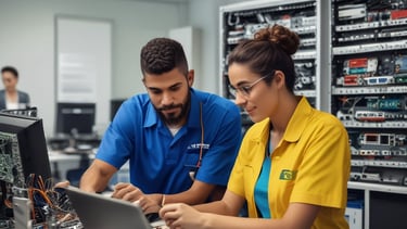 Professional IT technician assisting a small business owner with computer support