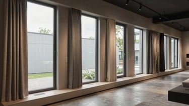 Wide architectural angle of the Maassluis showroom, modern minimalist display of premium window treatments and textiles, soft natural light.