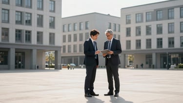 Wide panoramic shot of two professional consultants in business attire examining a public plaza, architectural buildings in the background, bright natural daylight, structured geometric compositions, medium shot.