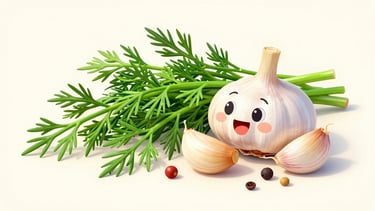 A bright, high-key close-up studio shot of fresh dill sprigs, garlic cloves, and mixed pickling spices scattered on a clean, cream-colored surface, vibrant 3D render illustration, bright studio lighting, bold saturated colors, playful character design, sharp focus.