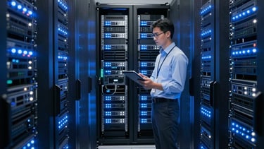 Photography of a high-tech server room in a North American / US corporate facility. Rows of blinking blue and white LED lights on server racks create a secure and modern atmosphere. A professional IT engineer in business casual attire is holding a tablet, standing in the aisle of the server room. The environment is impeccably clean, featuring a color palette of deep charcoal, dark gray, and bright blue light.