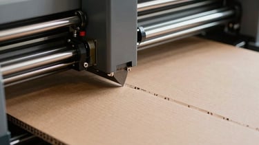 A close-up of a high-end industrial plotter cutting a complex cardboard structure. The image captures the motion of the blade and the precision of the cut.